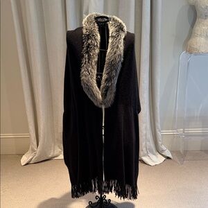 Adrienne Landau Black Poncho with Faux Fur Collar